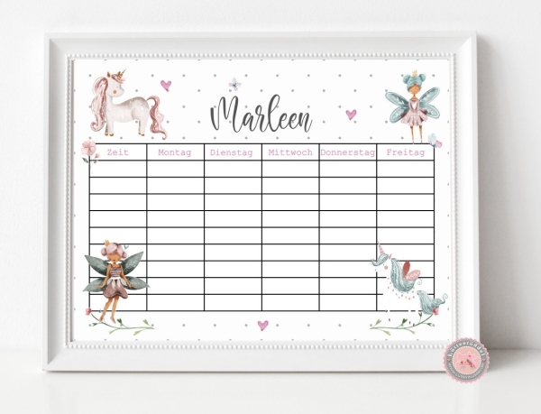 zuckersüßer Stundenplan, Elfen Einhörner, personalisiert mit Deinem Wunschnamen, Print A4  Einschulung Klassenwechsel  von Lüttentüddel®